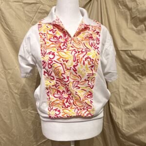 Lavon White Short Sleeve Polo Shirt with Abstract Floral Panel Pockets 90s Retro